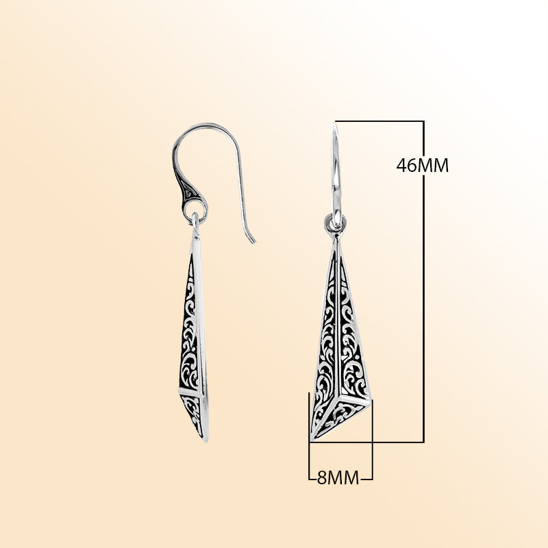 Handcrafted sterling silver long triangle drop earrings with Balinese scrollwork and oxidized detailing