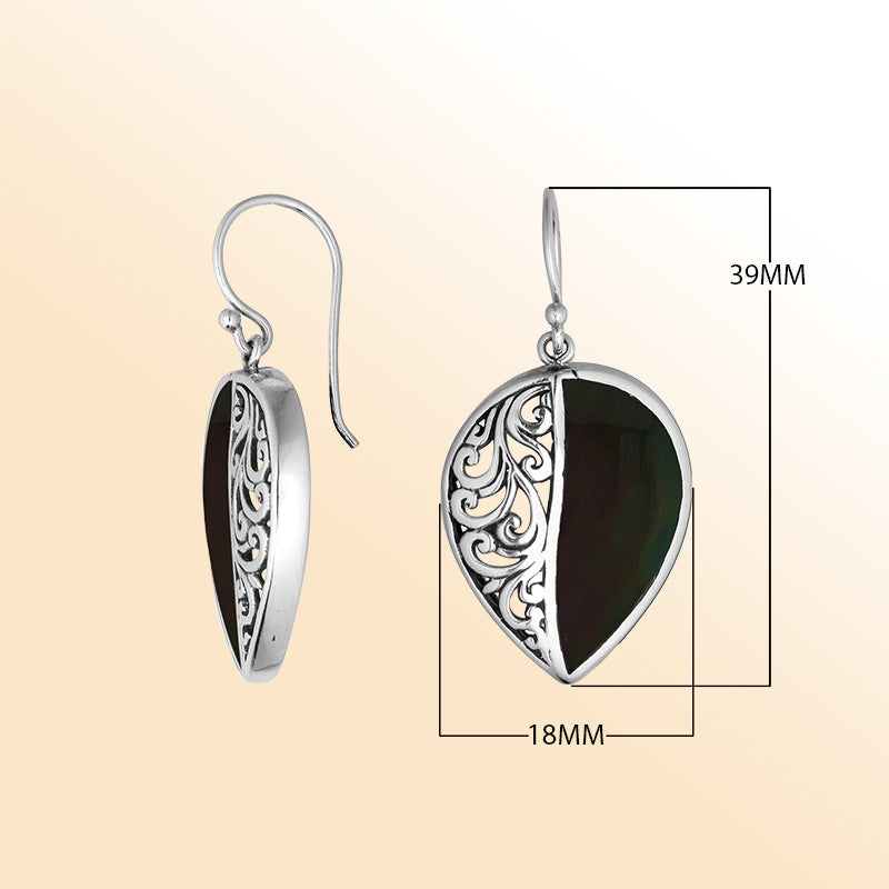 Teardrop silver earrings featuring Black Shell and ornate Bali scroll detailing.
