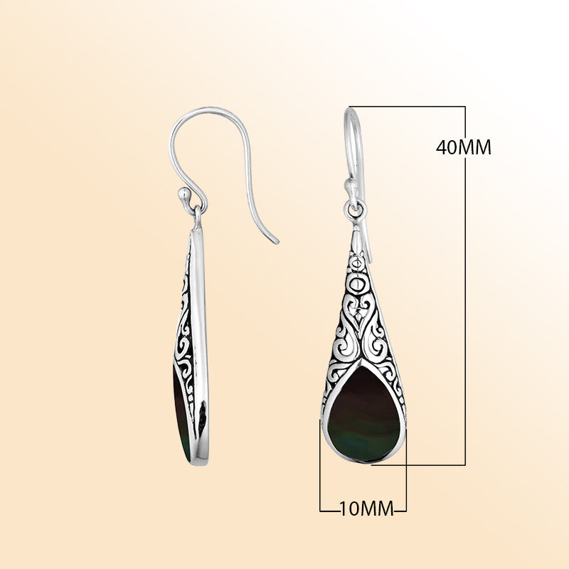 Silver teardrop earrings featuring Black Shell and ornate Bali scroll patterns.