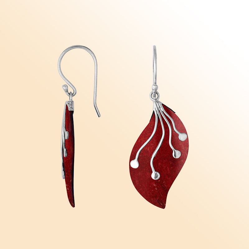 AE-1097-CR Sterling Silver Leaf Shape Earring With Coral Jewelry Bali Designs Inc 