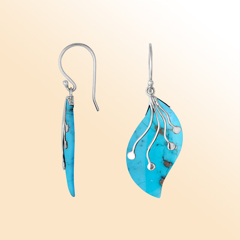 AE-1097-TQ Sterling Silver Leaf Shape Earring With Turquoise Jewelry Bali Designs Inc 