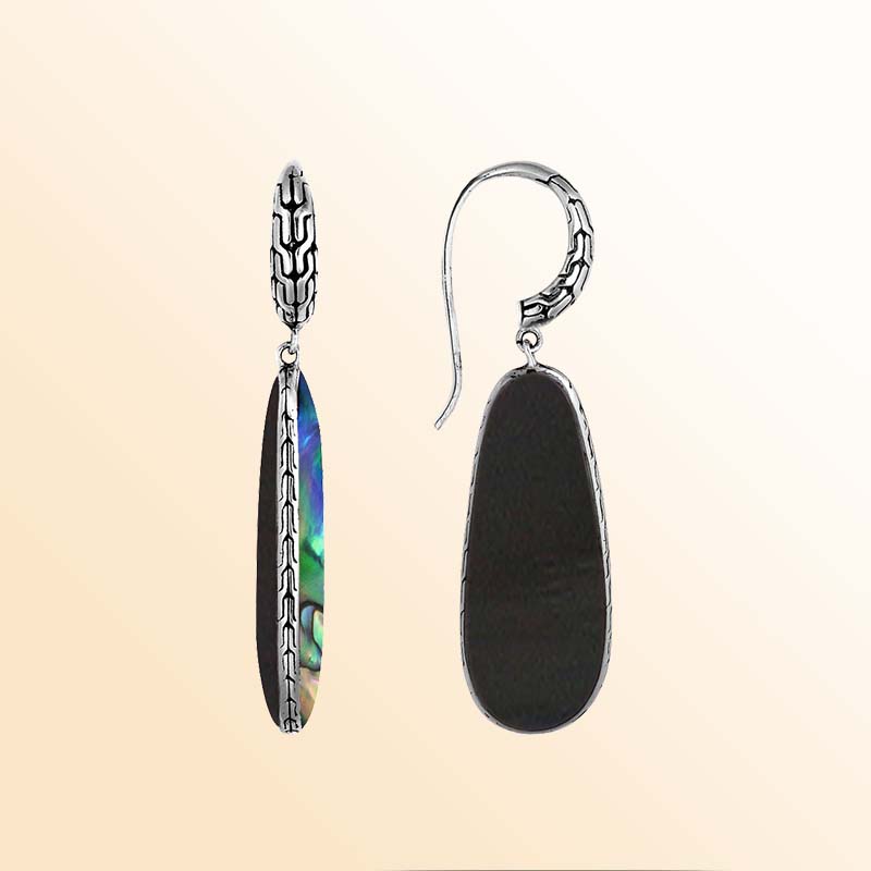 Elegant Sterling Silver Abalone Shell and Black Shell Teardrop Earrings featuring artistic textured border and mirror-polished finish for refined elegance