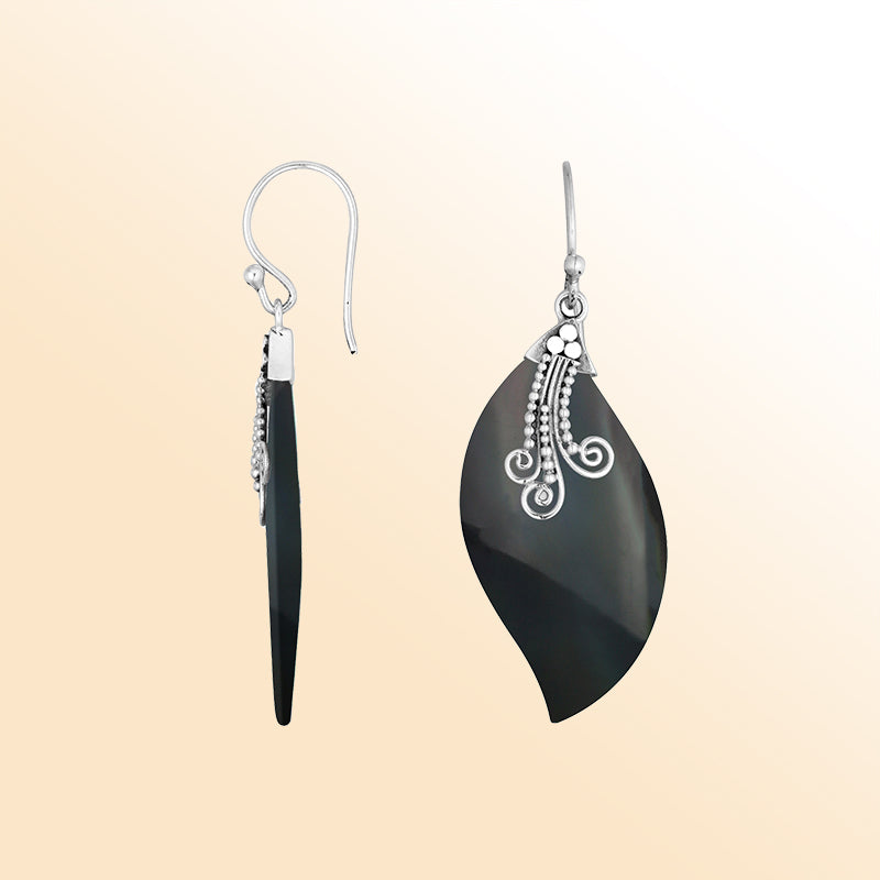 Elegant Black Shell Silver Wave Earrings With Earwire Lock