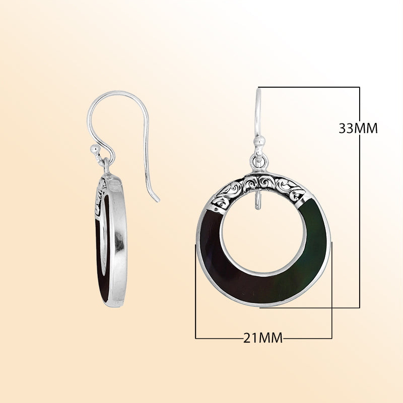 Sterling silver Black Shell round drop earrings with earwire