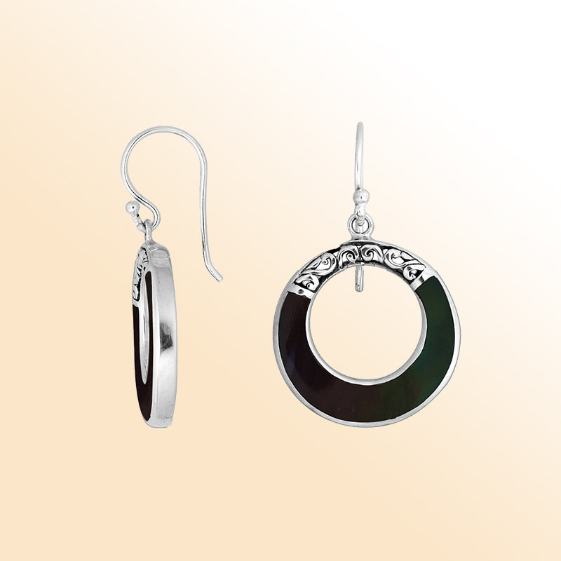 Sterling silver Black Shell round drop earrings with earwire