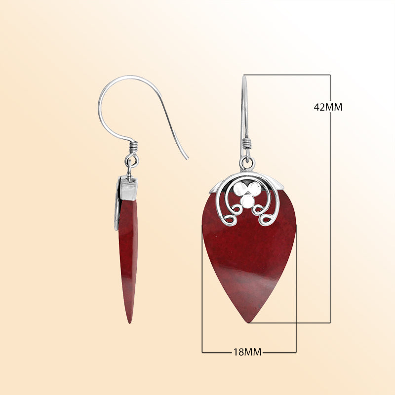 Sterling silver Red Coral leaf drop earrings with earwire