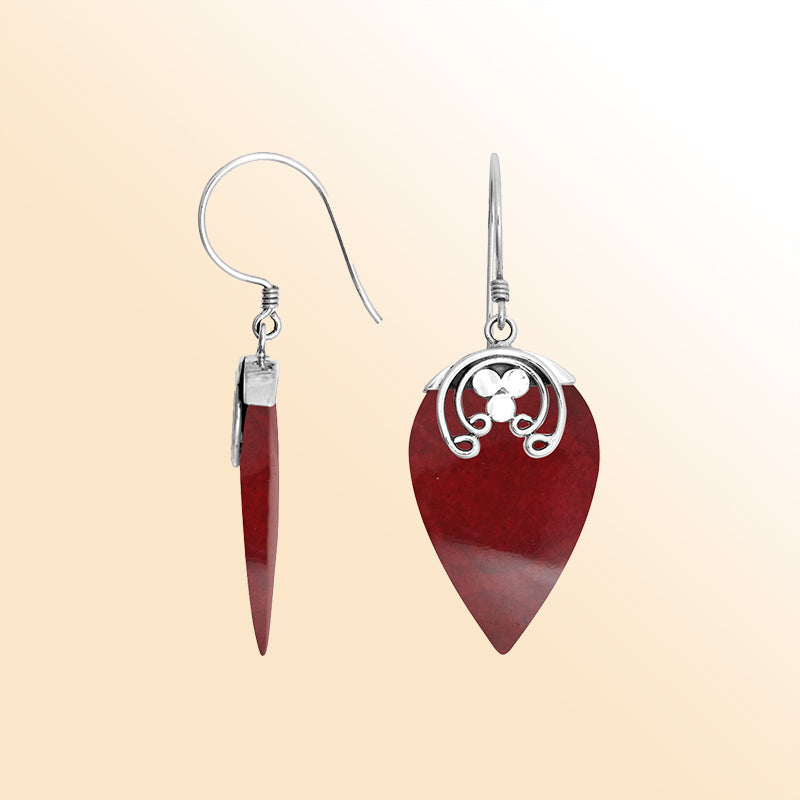 Sterling silver Red Coral leaf drop earrings with earwire