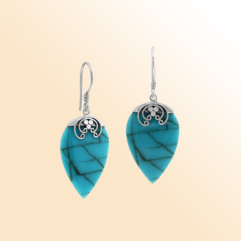 AE-1118-TQ Sterling Silver Fancy Shape Earring With Turquoise Jewelry Bali Designs Inc 