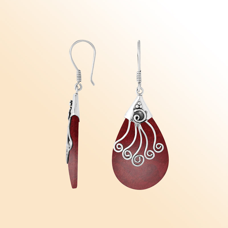 Sterling silver Red Coral drop earrings with earwire