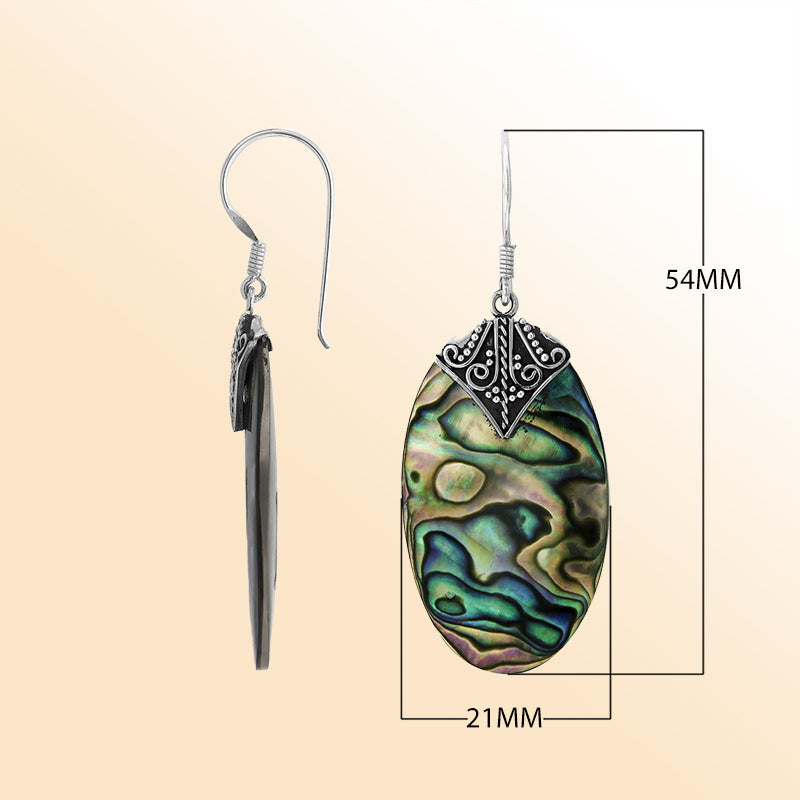 Elegant Abalone Shell oval earrings with ornate scroll silver design