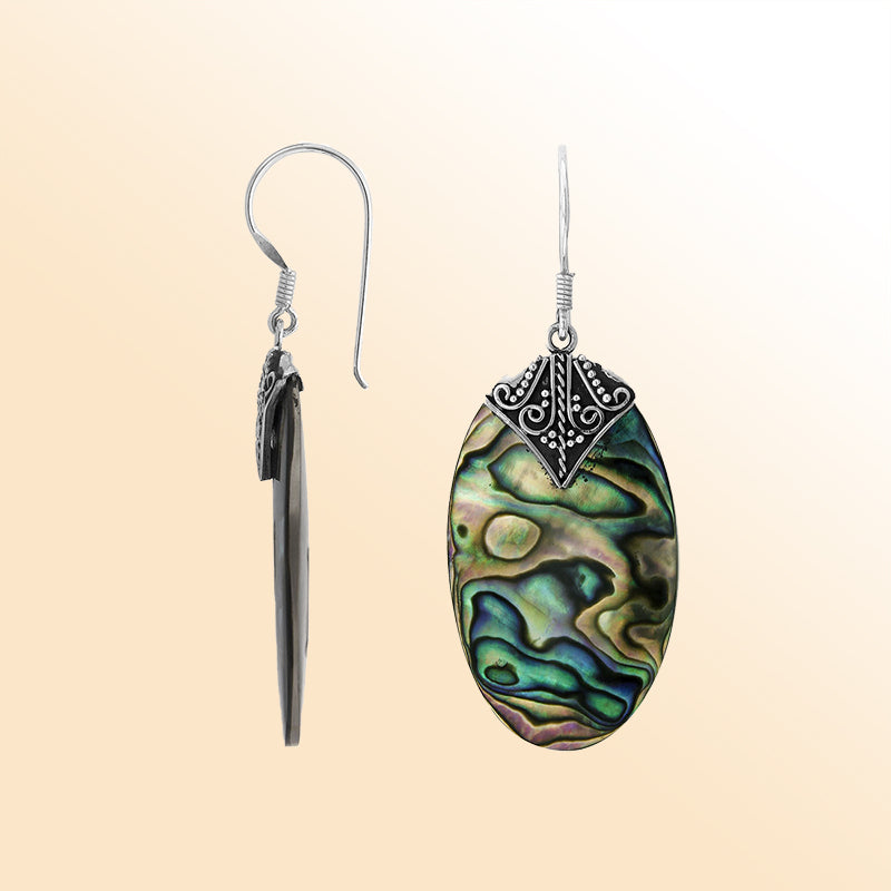 Elegant Abalone Shell oval earrings with ornate scroll silver design