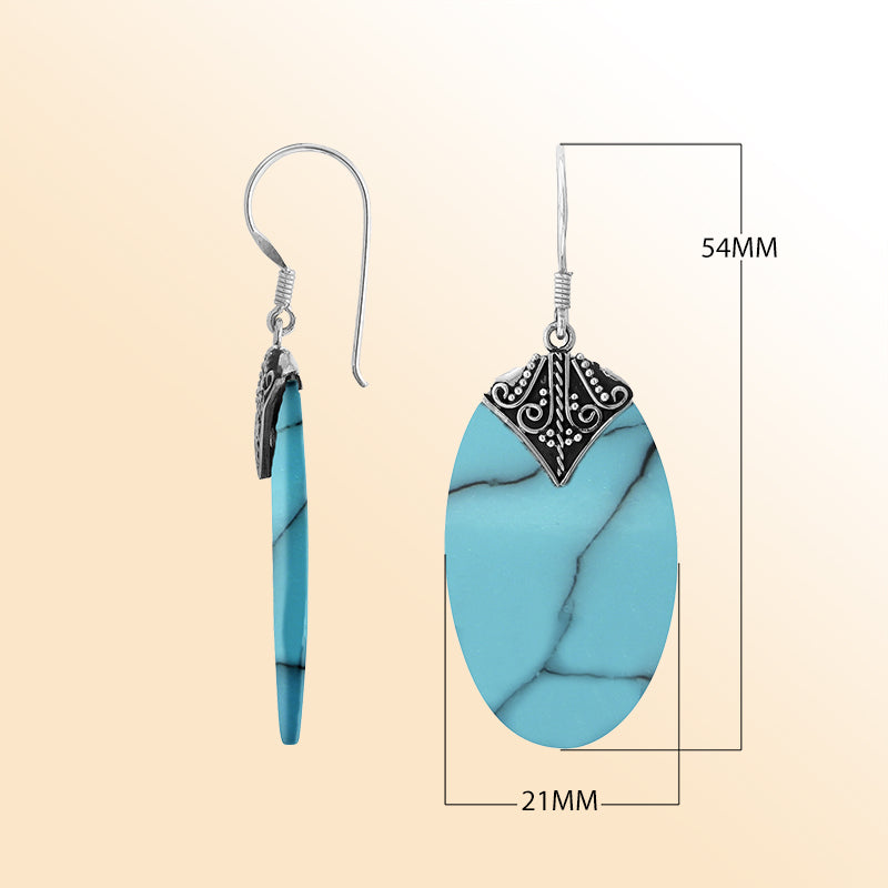 Elegant Turquoise Shell oval earrings with ornate scroll silver detailing and earwire lock