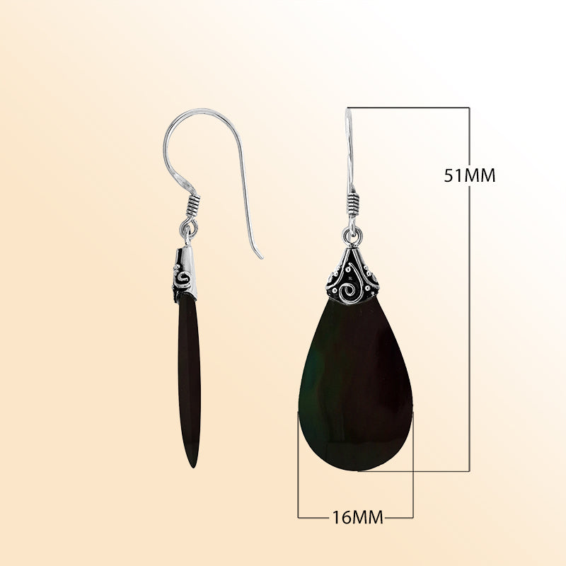 Elegant Black Shell teardrop earrings with silver swirl detailing and earwire lock
