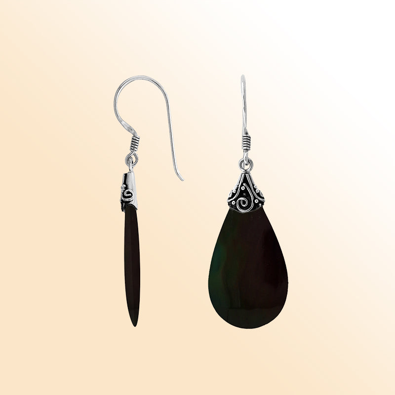 Elegant Black Shell teardrop earrings with silver swirl detailing and earwire lock