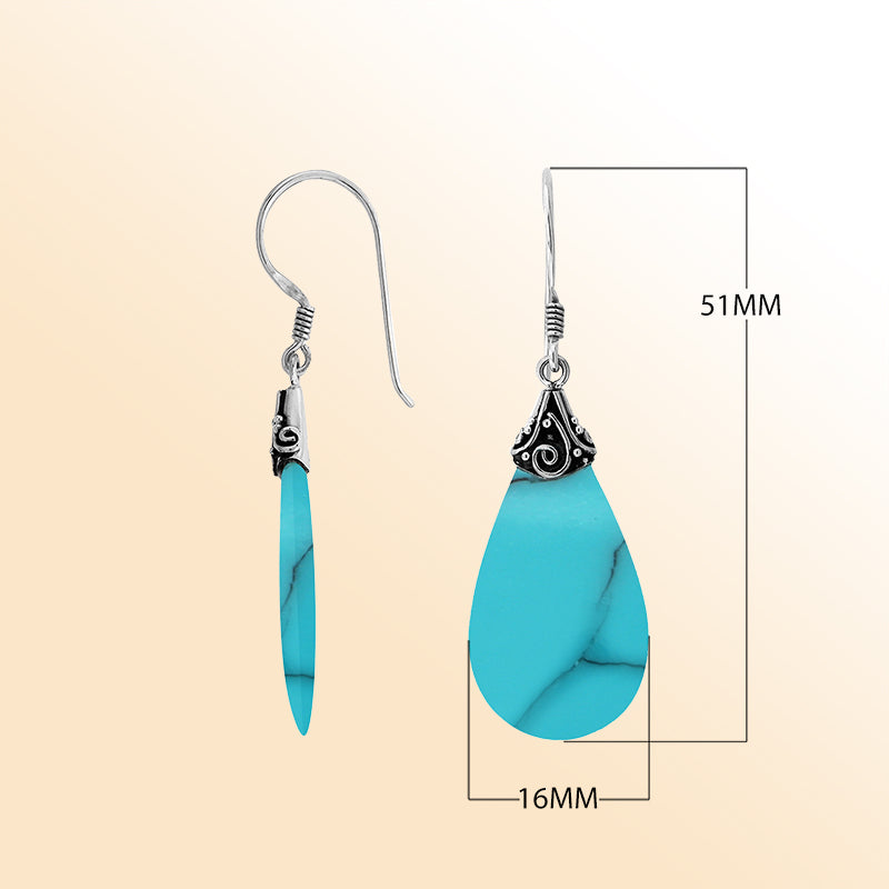 Elegant Turquoise Shell teardrop earrings with silver swirl detailing and earwire lock
