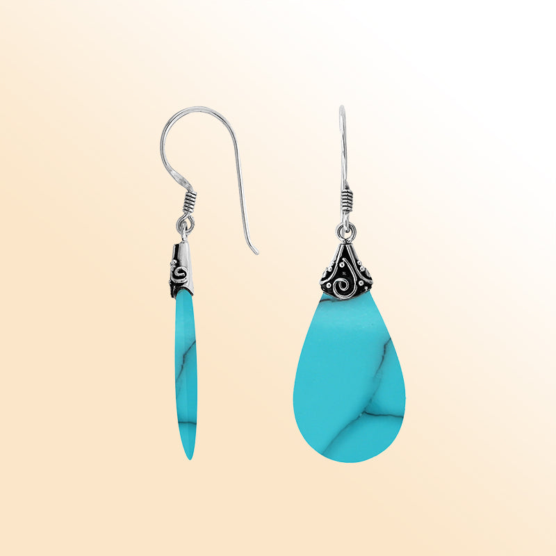 Elegant Turquoise Shell teardrop earrings with silver swirl detailing and earwire lock