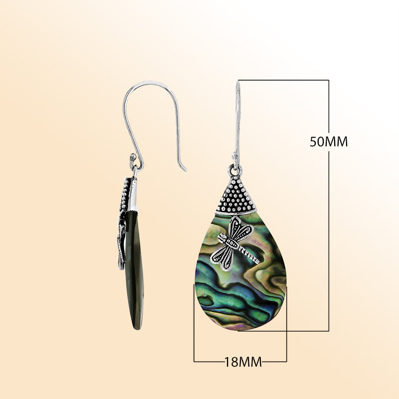 Elegant Abalone Shell teardrop earrings with dragonfly silver design and earwire lock
