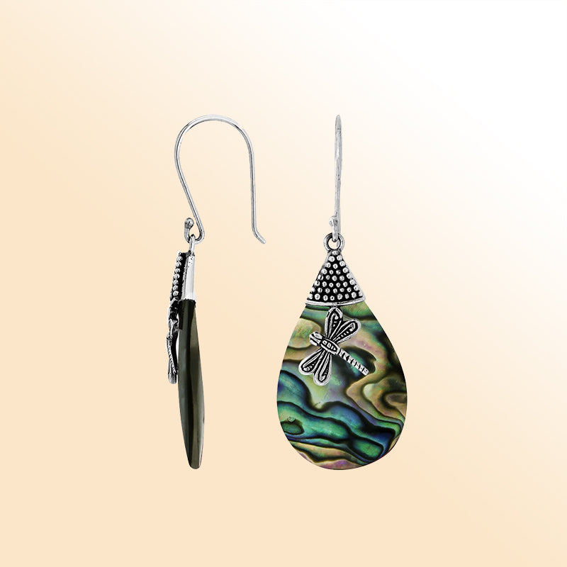 Elegant Abalone Shell teardrop earrings with dragonfly silver design and earwire lock