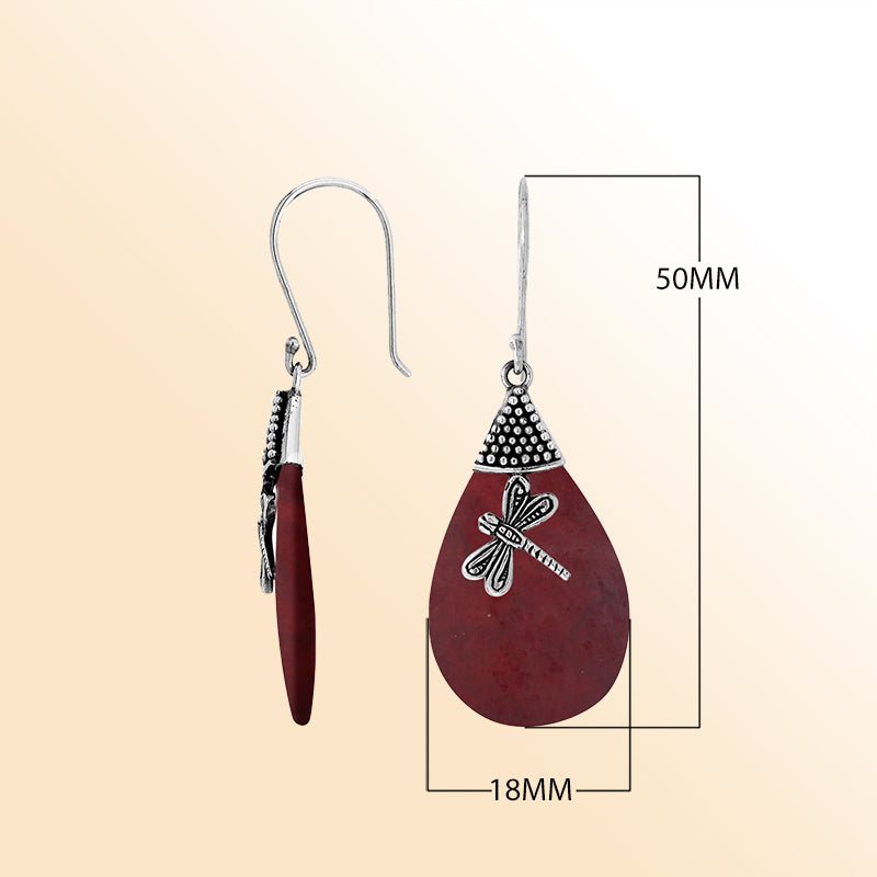 Elegant Red Coral teardrop earrings with dragonfly silver design and earwire lock