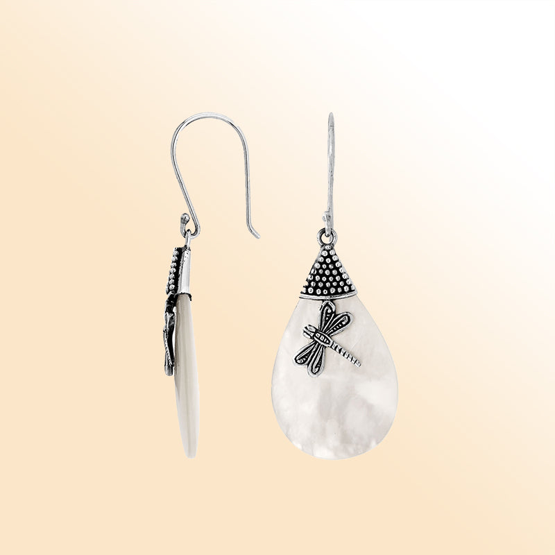 Elegant Mother Of Pearl teardrop earrings with dragonfly silver design and earwire lock