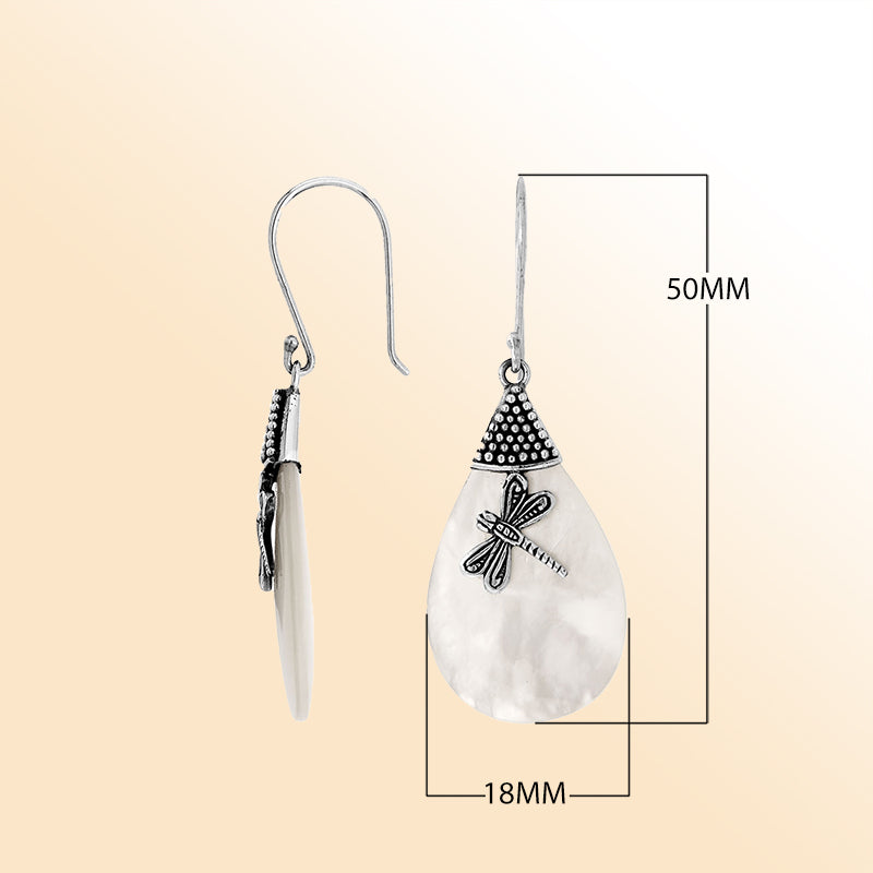 Elegant Mother Of Pearl teardrop earrings with dragonfly silver design and earwire lock