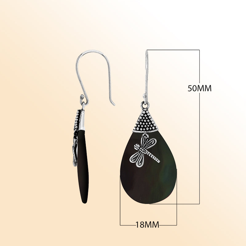 Sterling Silver Black Shell Teardrop Earrings With Dragonfly Charm And Earwire Lock