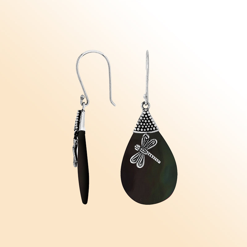 Sterling Silver Black Shell Teardrop Earrings With Dragonfly Charm And Earwire Lock