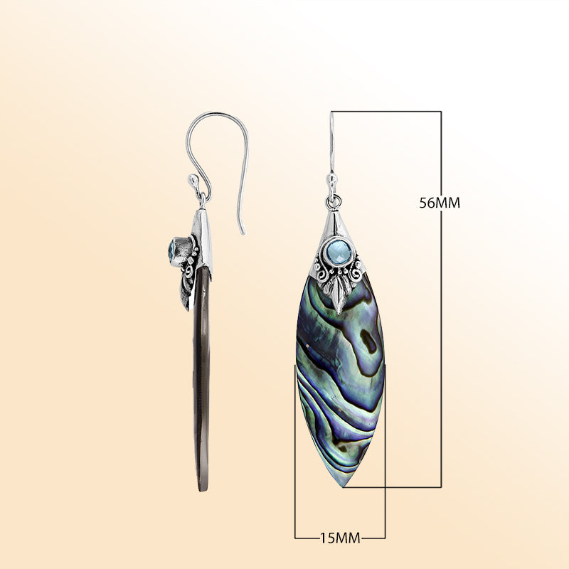 Sterling Silver Abalone Shell Marquise Earrings With Blue Topaz Quartz And Earwire Lock