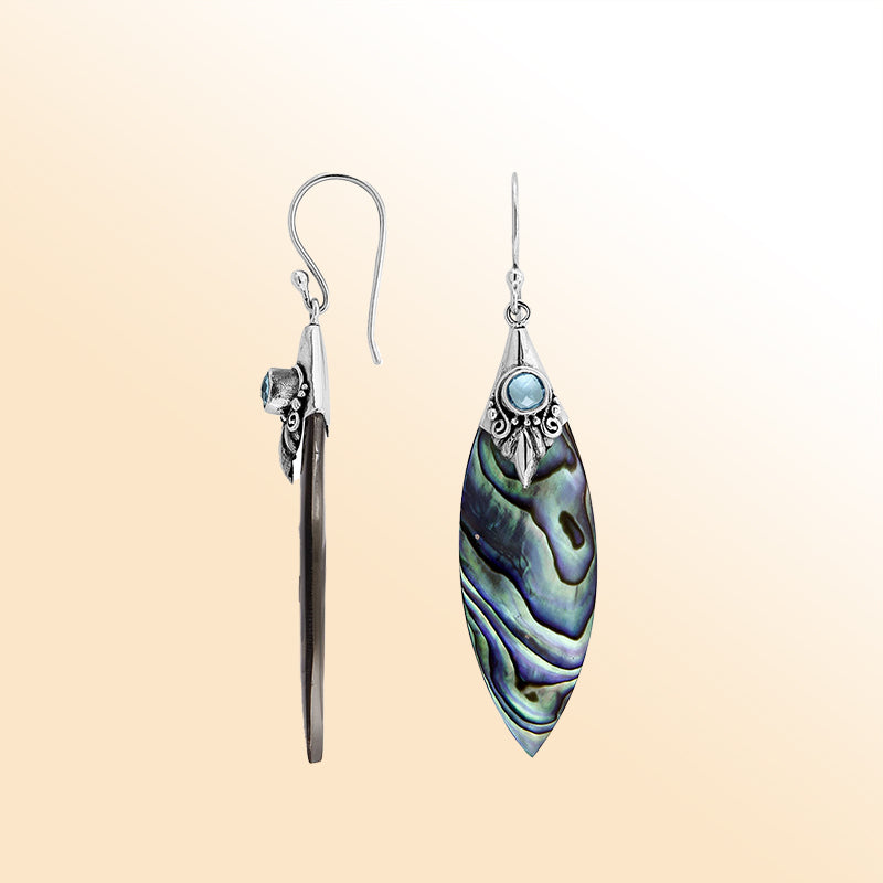 Sterling Silver Abalone Shell Marquise Earrings With Blue Topaz Quartz And Earwire Lock
