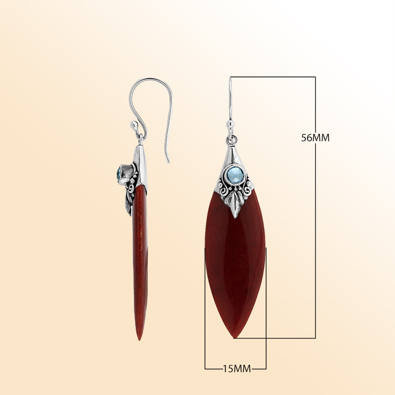 Sterling Silver Red Coral Marquise Earrings With Blue Topaz Quartz And Earwire Lock