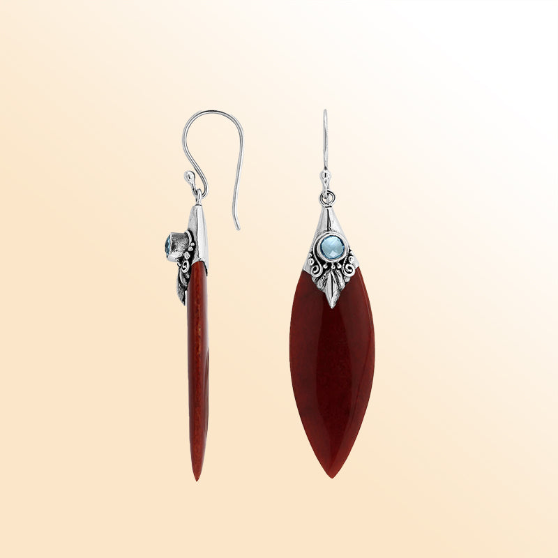 Sterling Silver Red Coral Marquise Earrings With Blue Topaz Quartz And Earwire Lock