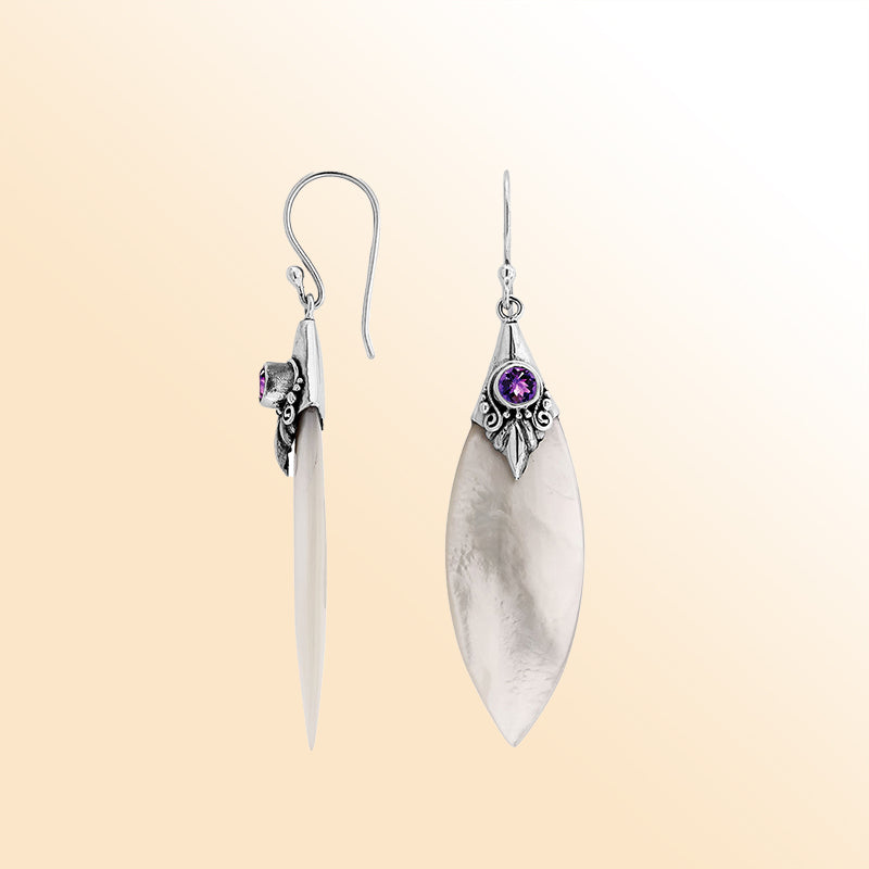 Sterling Silver Mother Of Pearl Marquise Earrings With Amethyst Quartz And Earwire Lock