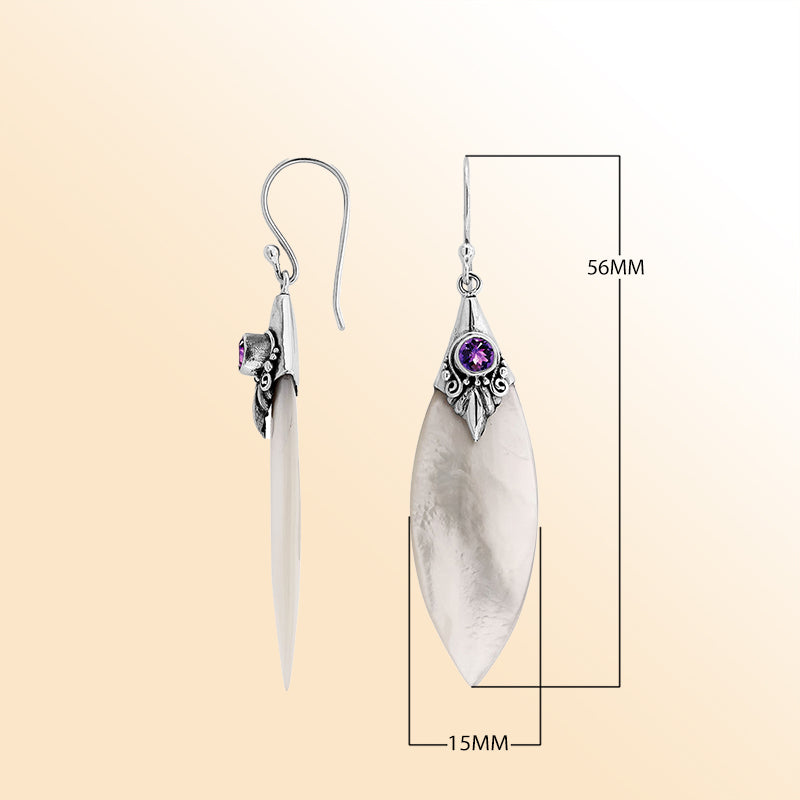 Sterling Silver Mother Of Pearl Marquise Earrings With Amethyst Quartz And Earwire Lock