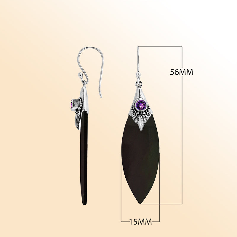 Sterling Silver Black Shell Marquise Earrings With Amethyst Quartz And Earwire Lock