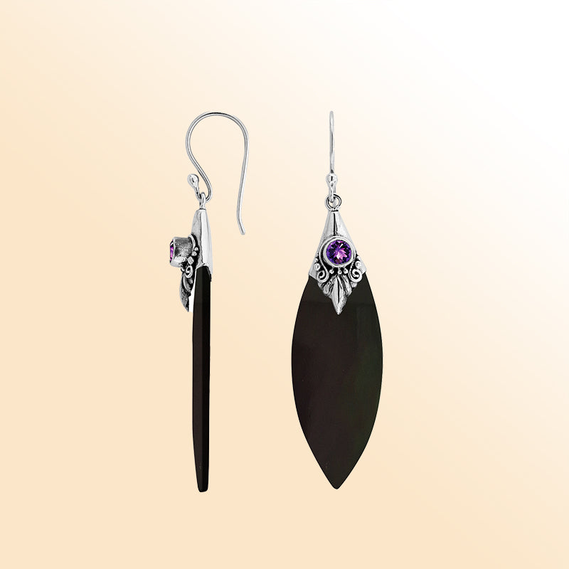 Sterling Silver Black Shell Marquise Earrings With Amethyst Quartz And Earwire Lock