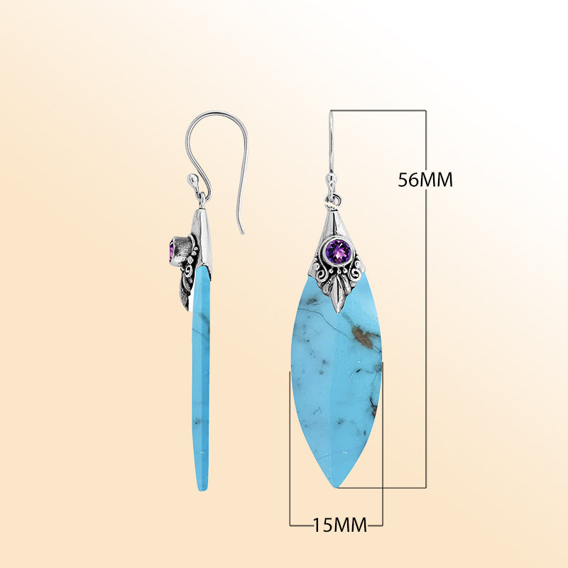 Sterling Silver Turquoise Shell Marquise Earrings With Amethyst Quartz And Earwire Lock