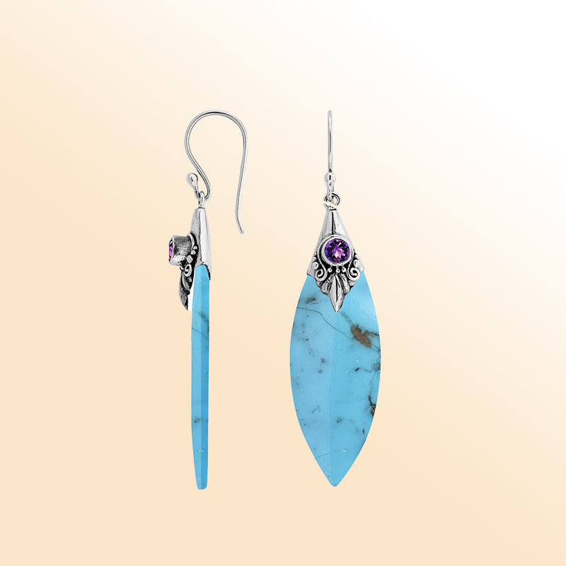 Sterling Silver Turquoise Shell Marquise Earrings With Amethyst Quartz And Earwire Lock