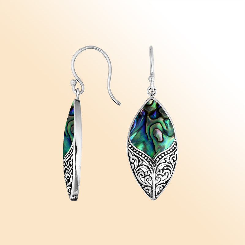 Sterling Silver Abalone Shell Marquise Earrings With Ornate Silver Design