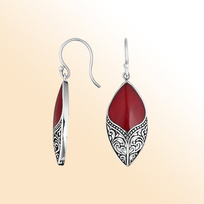 Sterling Silver Red Coral Marquise Earrings With Ornate Silver Design