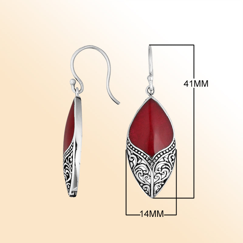 Sterling Silver Red Coral Marquise Earrings With Ornate Silver Design
