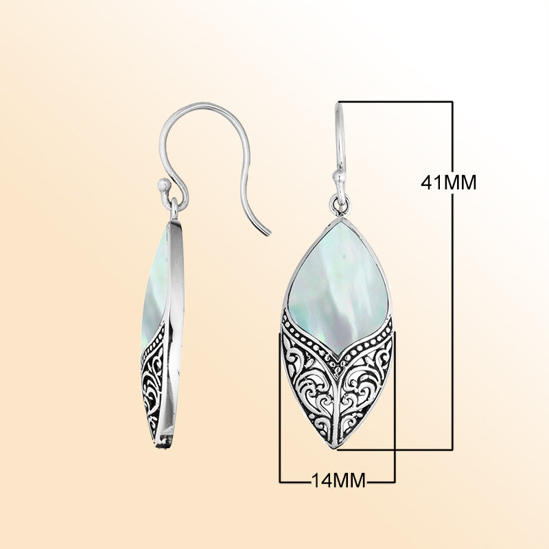 Sterling Silver Mother Of Pearl Marquise Earrings With Ornate Silver Design