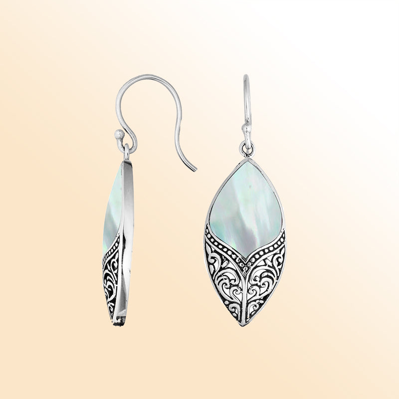 Sterling Silver Mother Of Pearl Marquise Earrings With Ornate Silver Design