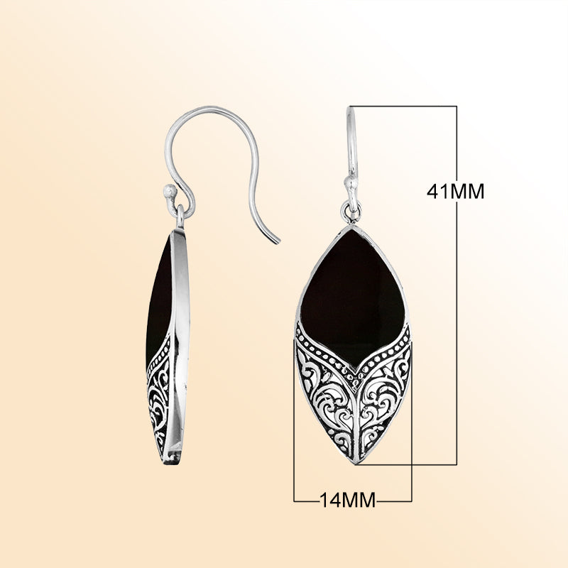Sterling Silver Black Shell Marquise Earrings With Ornate Silver Design