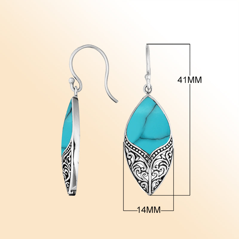 Sterling Silver Turquoise Shell Marquise Earrings With Ornate Silver Design