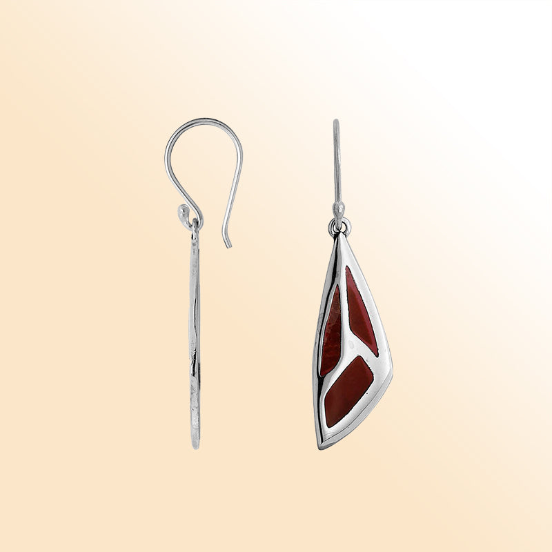 Sterling Silver Red Coral Geometric Earrings With Polished Silver Design