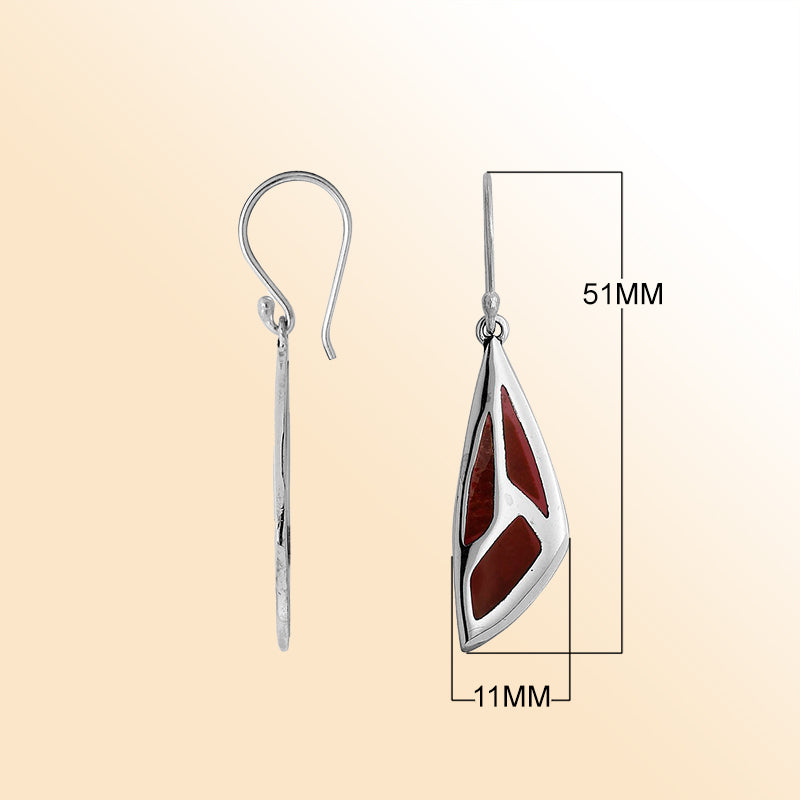 Sterling Silver Red Coral Geometric Earrings With Polished Silver Design