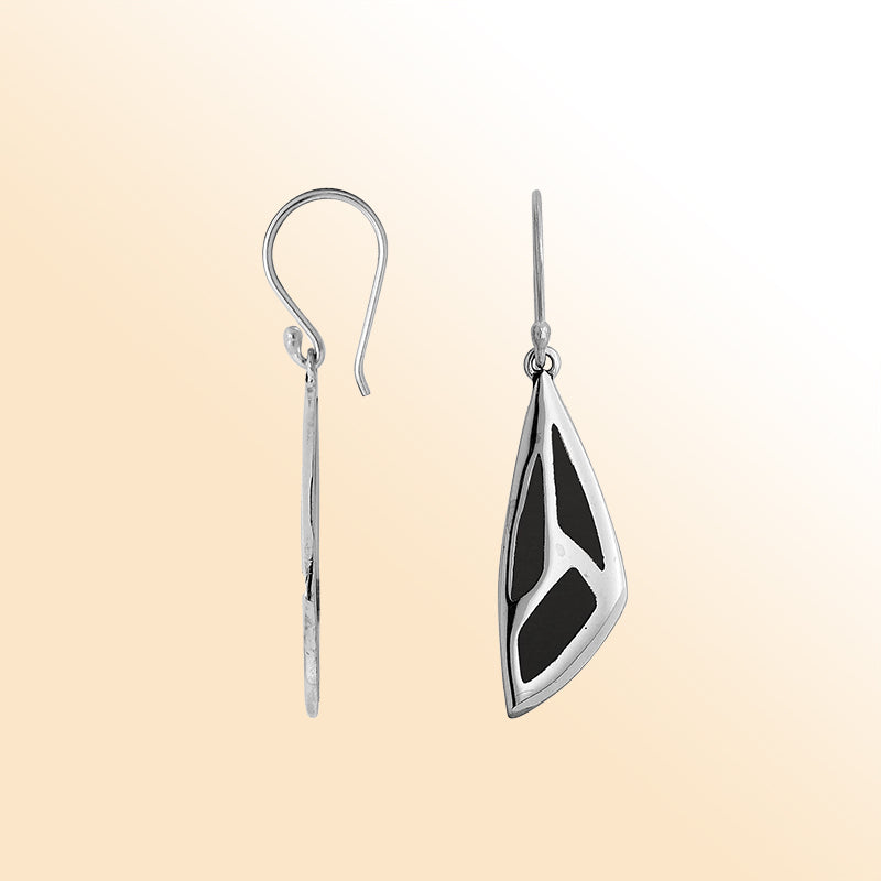 Sterling Silver Black Shell Geometric Earrings With Polished Silver Design