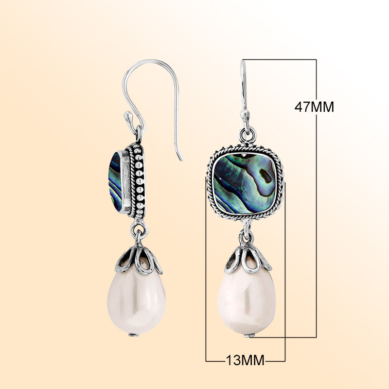 Sterling Silver Abalone Shell And Shell Pearl Drop Earrings With Ornate Silver Design