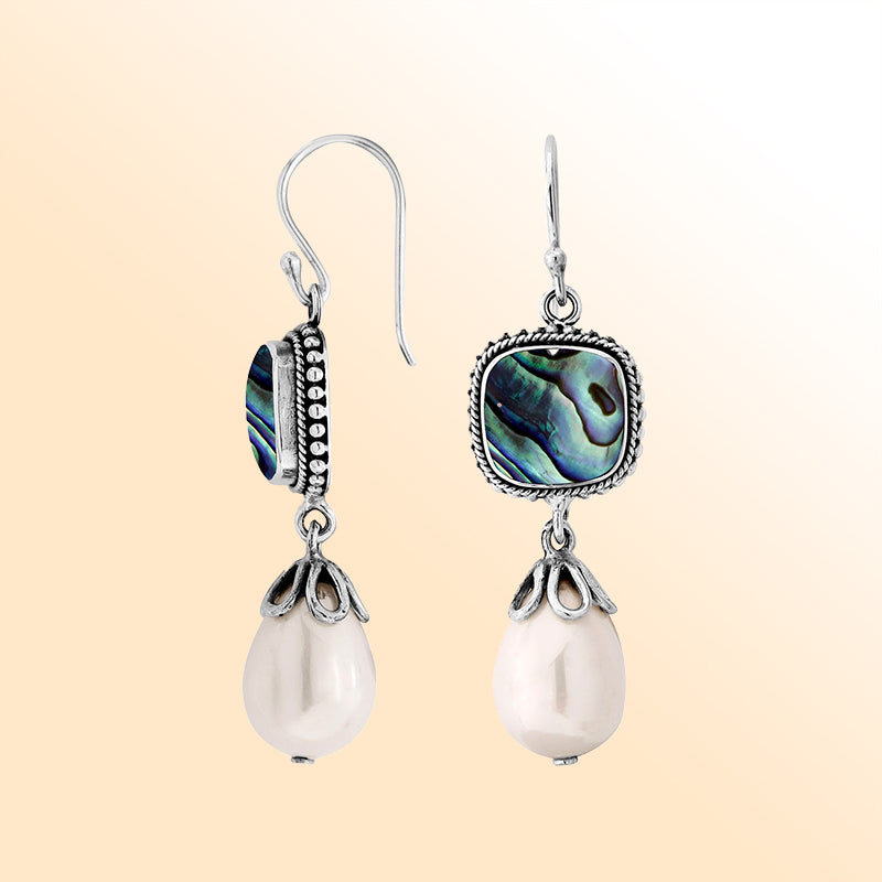Sterling Silver Abalone Shell And Shell Pearl Drop Earrings With Ornate Silver Design