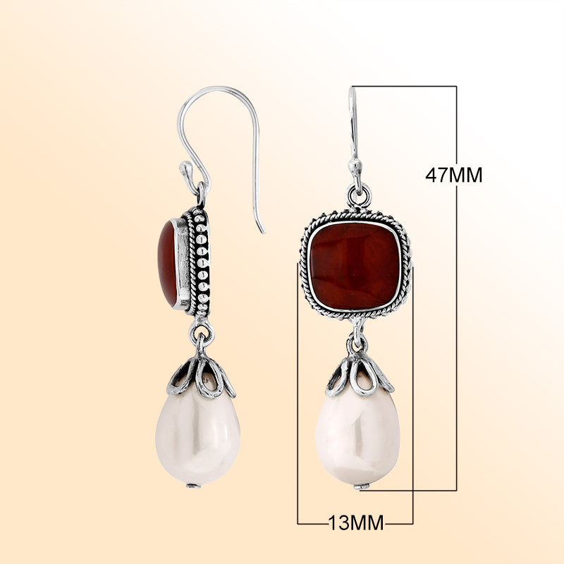 Sterling Silver Red Coral And Shell Pearl Drop Earrings With Ornate Silver Design